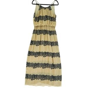 Sweet Storm L Brown Sleeveless Halter Shirred Waist Maxi Black Faux Print Design